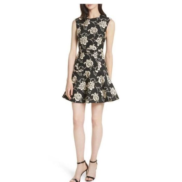 Ted Baker London Women’s Size 0 Ornate Paisley Ruffle Dress Black Fit and Flare - Picture 2 of 15